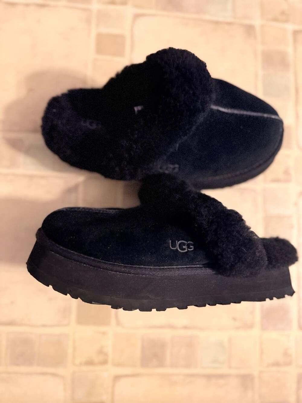 UGG Disquette Suede and Shearling Platform Slippers Black